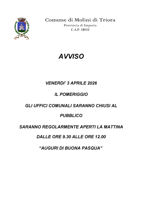 Venerdì 3 aprile 2026 - chiusura pomeridiana uffici comunali
