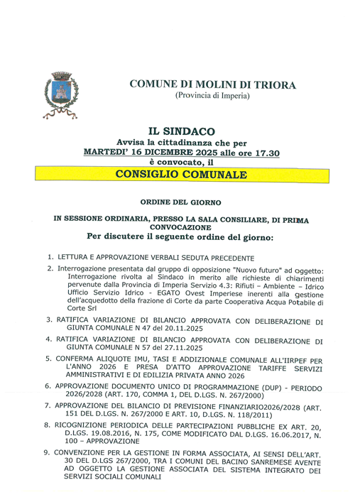 Consiglio Comunale martedi 16.12.2025 ore 17.30